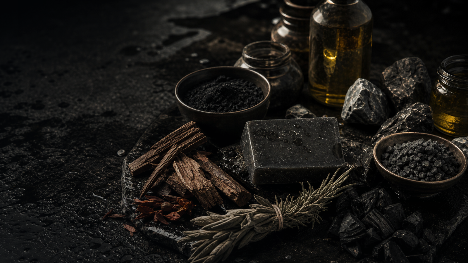Coldstone ingredient still life with charcoal, cedar, sage, oils, and stone