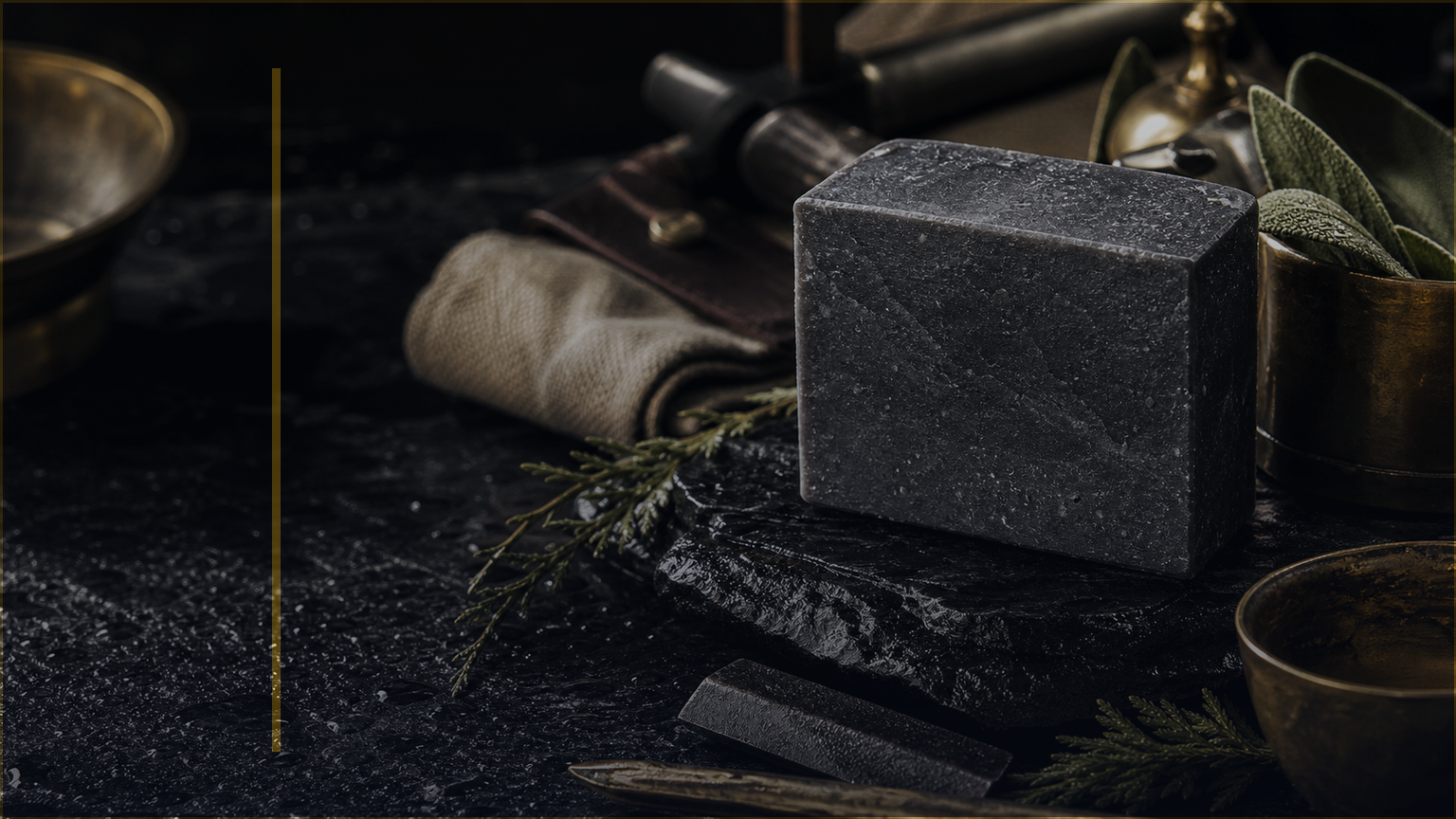 Photoreal Coldstone maker-bench lesson image for Essential Oils Are Active Materials, showing amber bottles, gloves, and restrained dark bench.